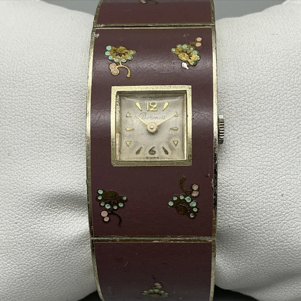 Vintage Baroness Womens Watch 23mm Enamel Cuff Manual NON WWORKING For Parts